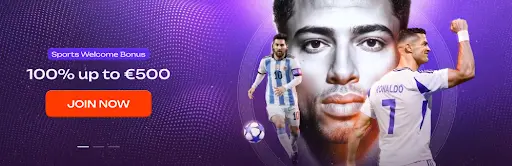 Sport-Willkommensbonus Banner mit Fußballspielern, 100 % Bonus bis 500 Euro und Jetzt registrieren Button