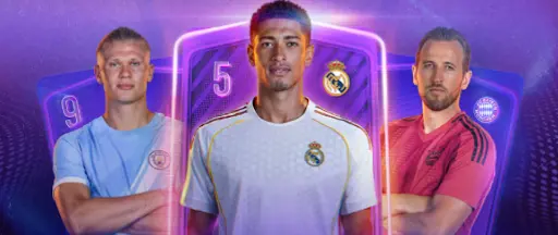 Sportpromotion mit Fußballspielern vor leuchtenden Karten, Bonusaktion und Herausforderungen im Fokus